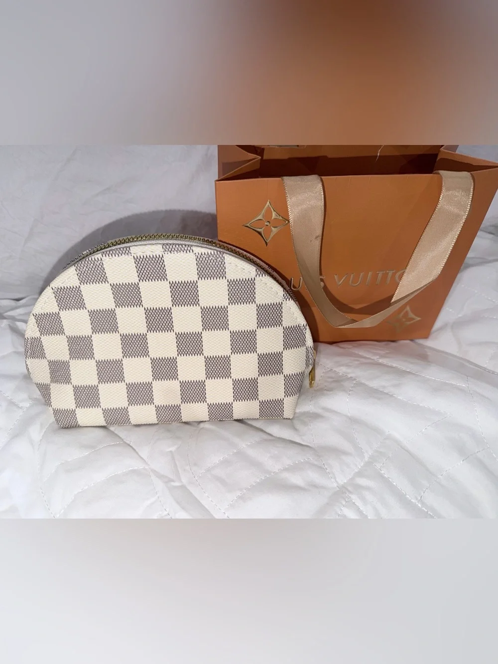 Fashion Check Cosmetic Pouch - White & Beige